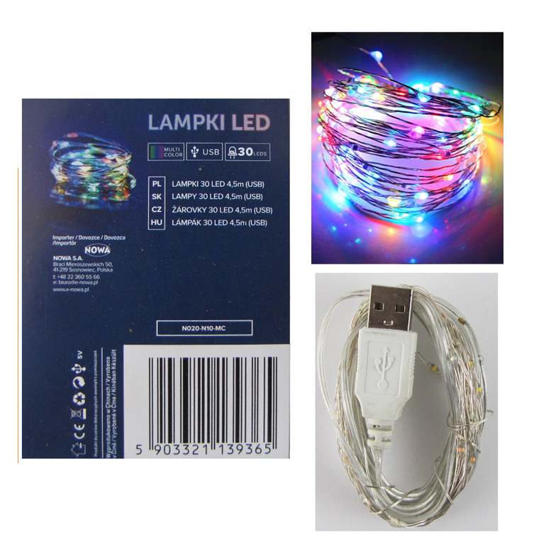 Lampki na drucie LED 30 <br>USB multikolor